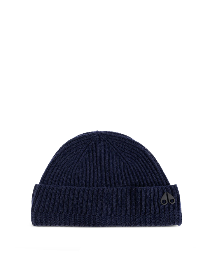 Navy blue beanie with a brand logo on a white background