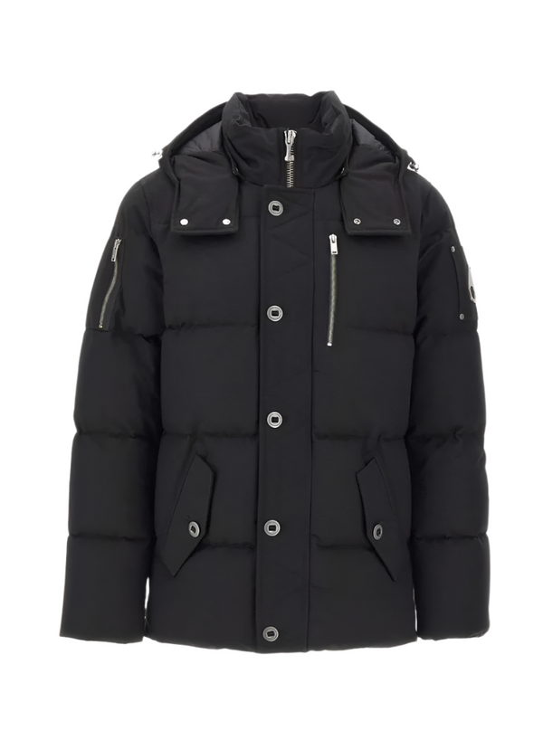 Black puffer jacket with multiple zippers and buttons on a white background