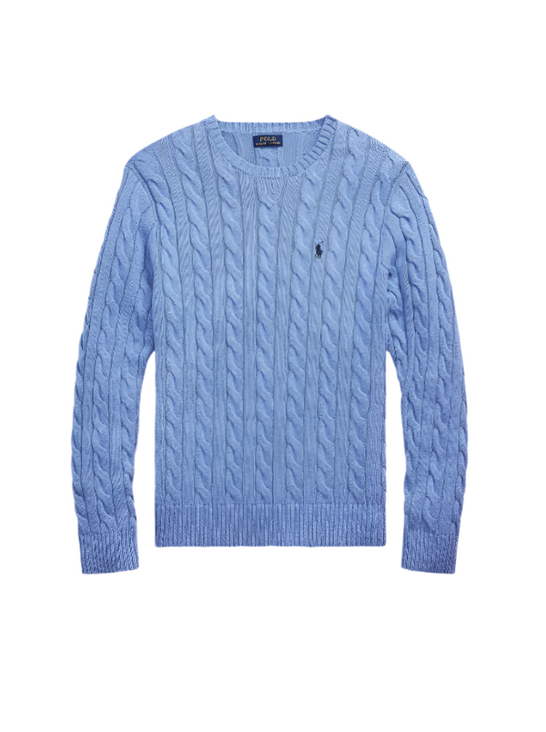 Blue cable knit sweater with a brand logo on a white background