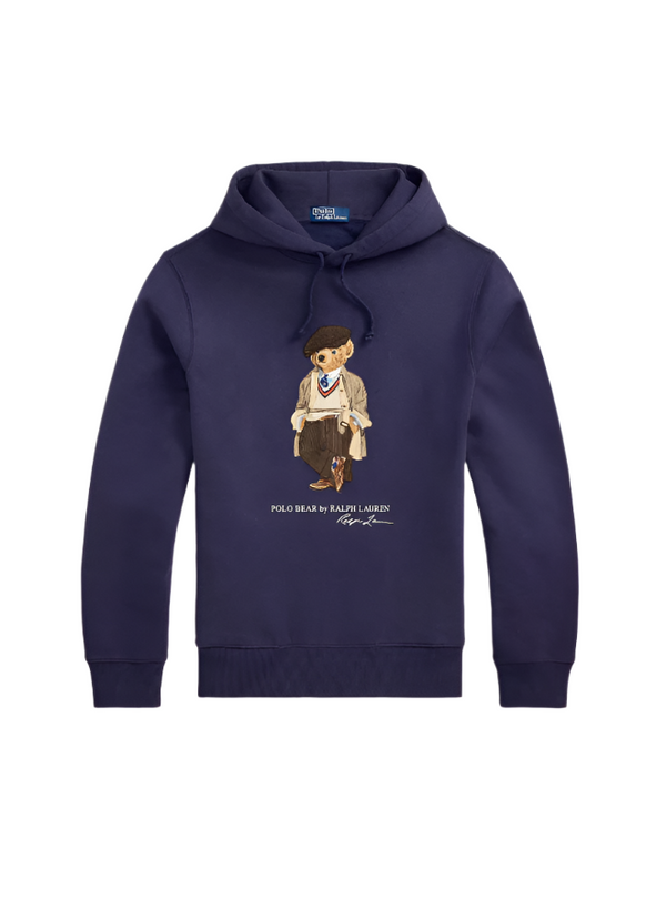 Navy blue hoodie with a graphic of a boy on a white background
