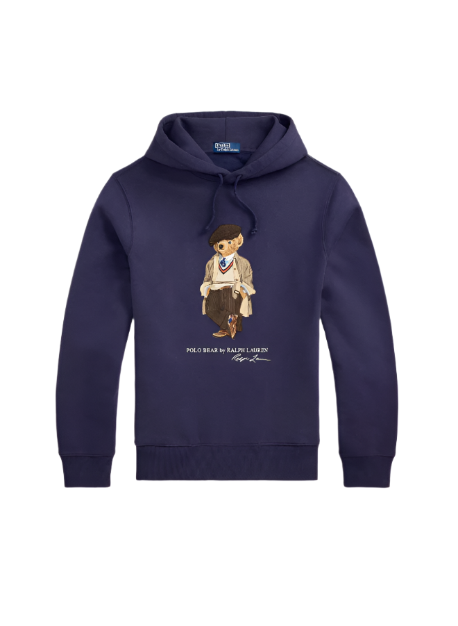 Navy blue hoodie with a graphic of a boy on a white background
