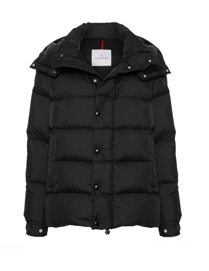 Black puffer jacket with a brand label on a white background