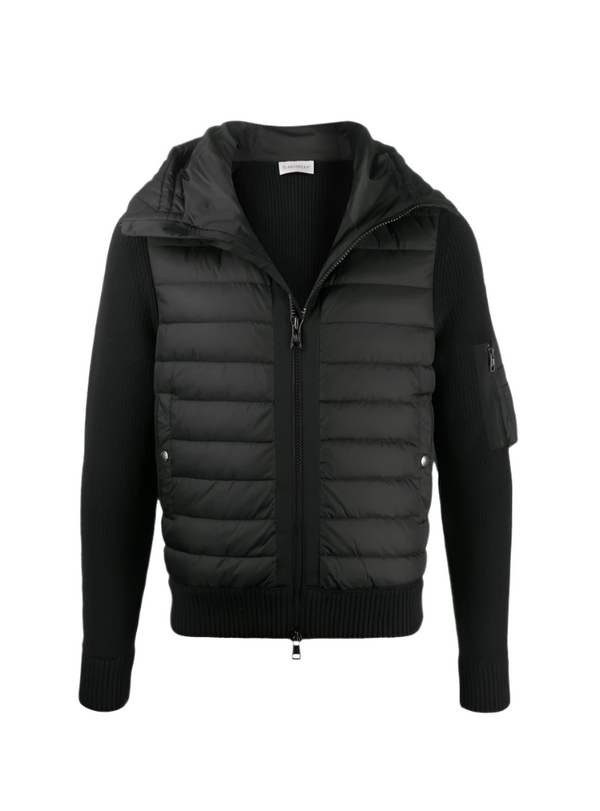Black puffer jacket with a hood on a white background