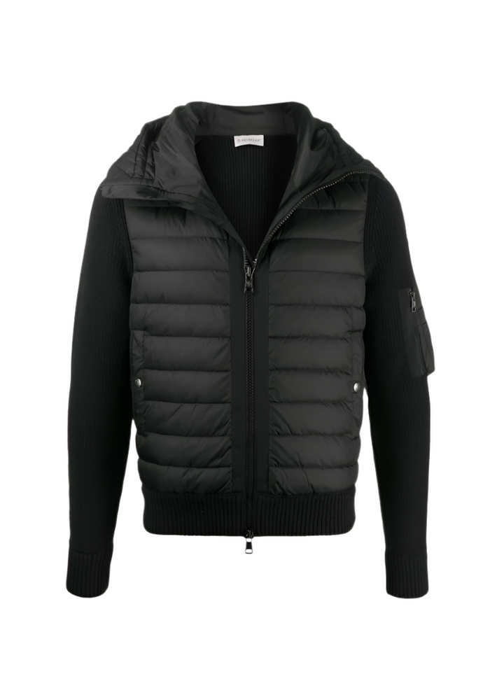 Black puffer jacket with a hood on a white background
