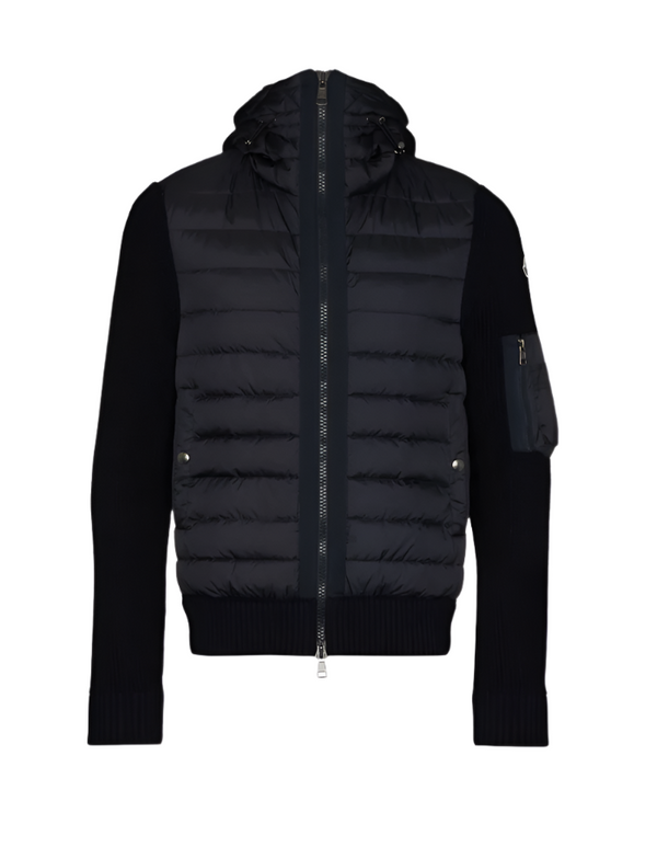 Black puffer jacket with a hood on a white background
