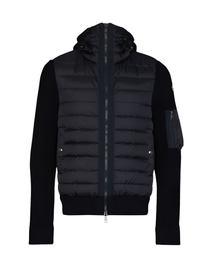 Black puffer jacket with a hood on a white background