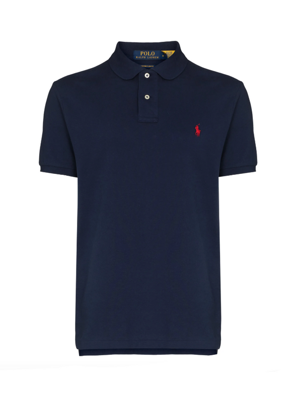 Navy blue polo shirt with red logo on a white background