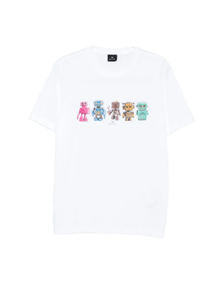 White t-shirt with colorful robot illustrations on a computer screen