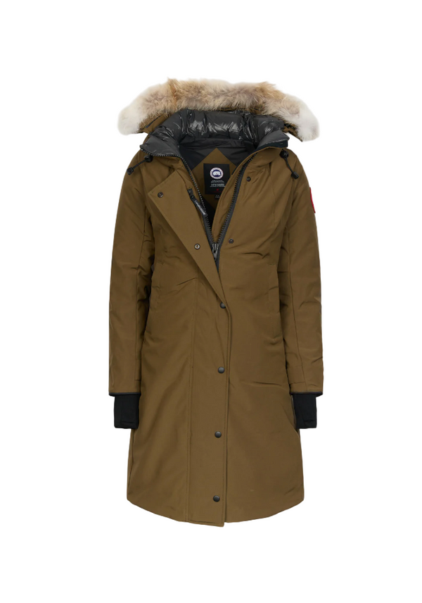 Green parka coat with fur hood on a light green background
