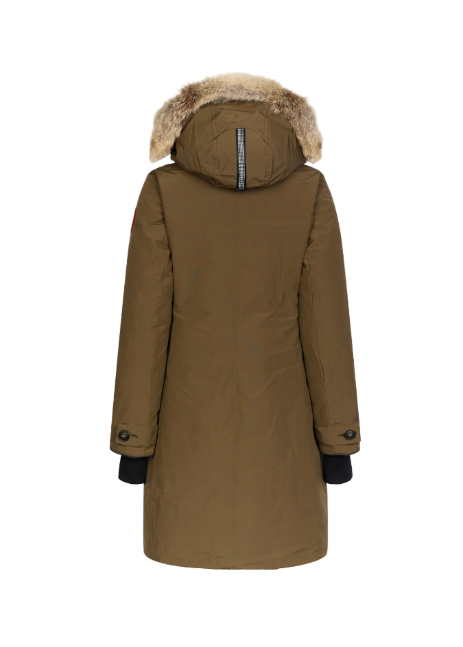Green winter coat with fur-lined hood on a grey background