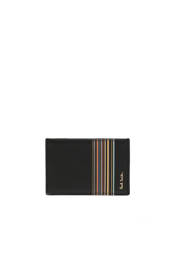 Black wallet with striped design on a white background