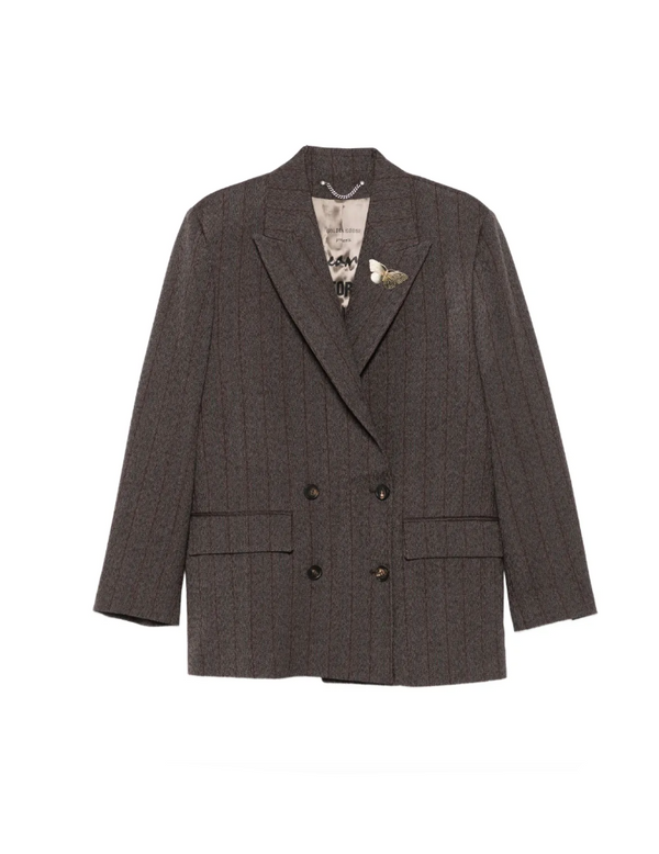 Gray blazer with floral patterned lining on a white background