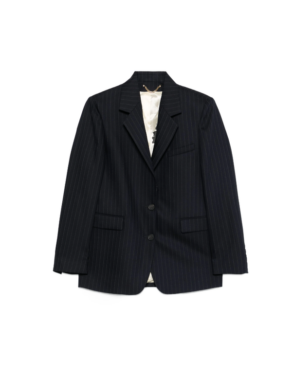 Black pinstripe blazer on a white background