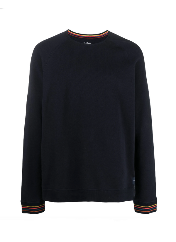 Black sweatshirt with striped cuffs on a white background