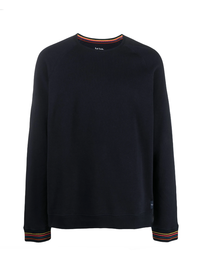 Black sweatshirt with striped cuffs on a white background