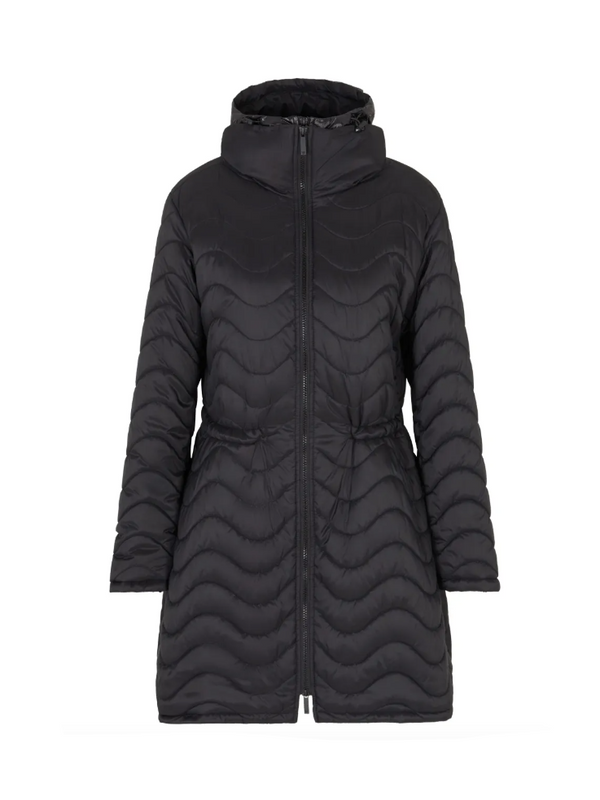Black quilted coat on a white background