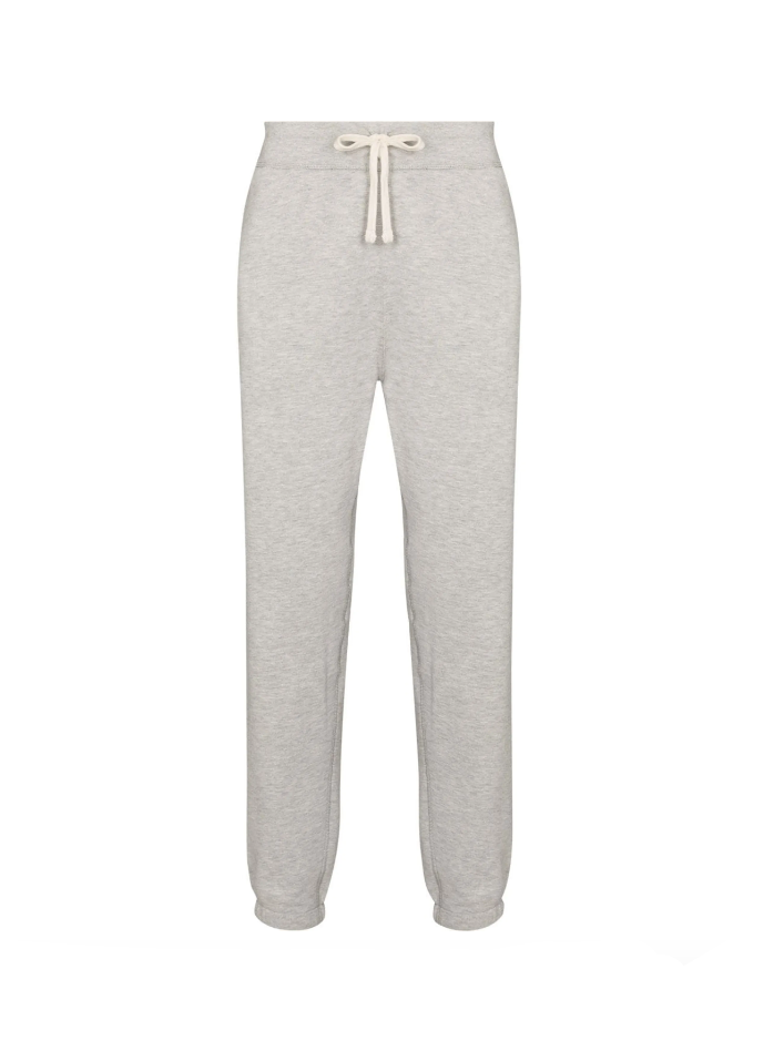 Gray sweatpants with a drawstring on a white background