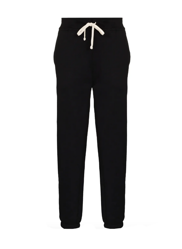Black jogger pants with a white drawstring on a white background
