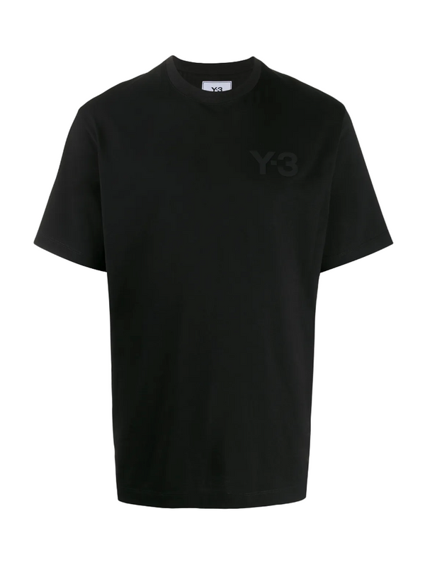 Black t-shirt with a logo on a white background