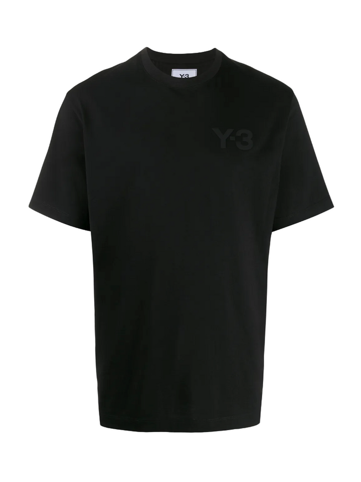 Black t-shirt with a logo on a white background