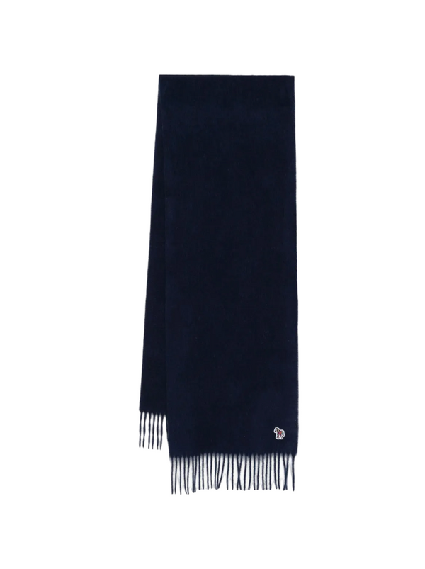 Navy blue scarf with fringes on a white background