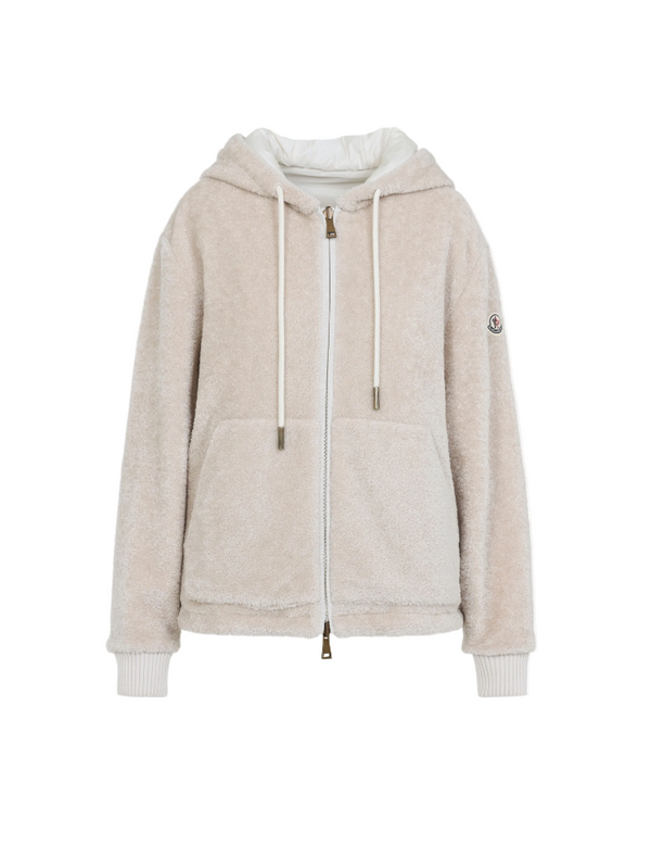 Beige hoodie with a brand logo on a white background