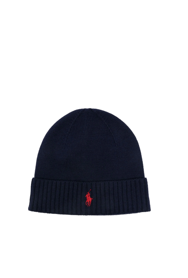 Black beanie with a red logo on a white background