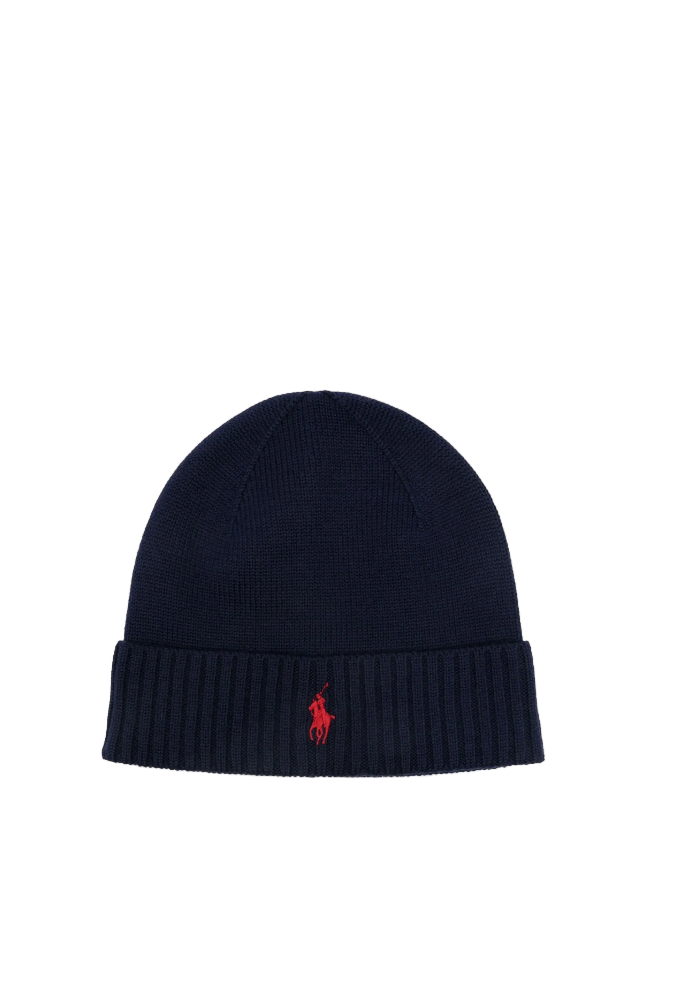 Black beanie with a red logo on a white background