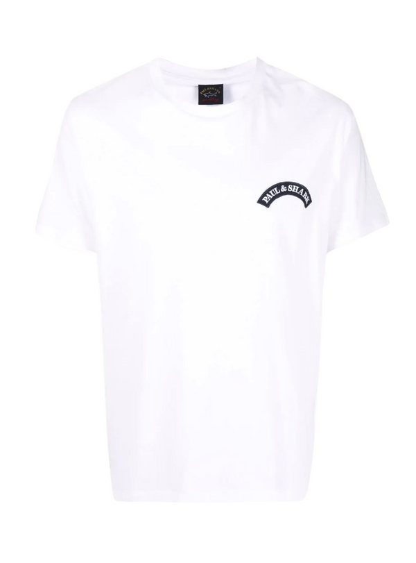 White t-shirt with a logo on a white background