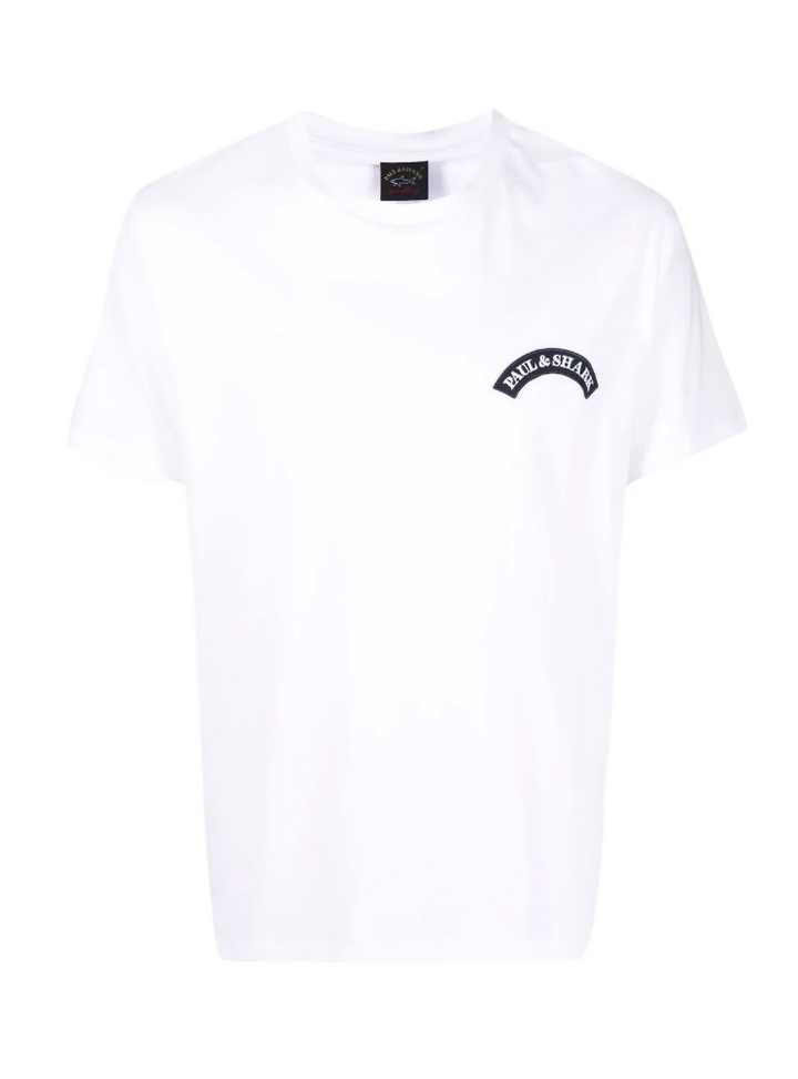 White t-shirt with a logo on a white background