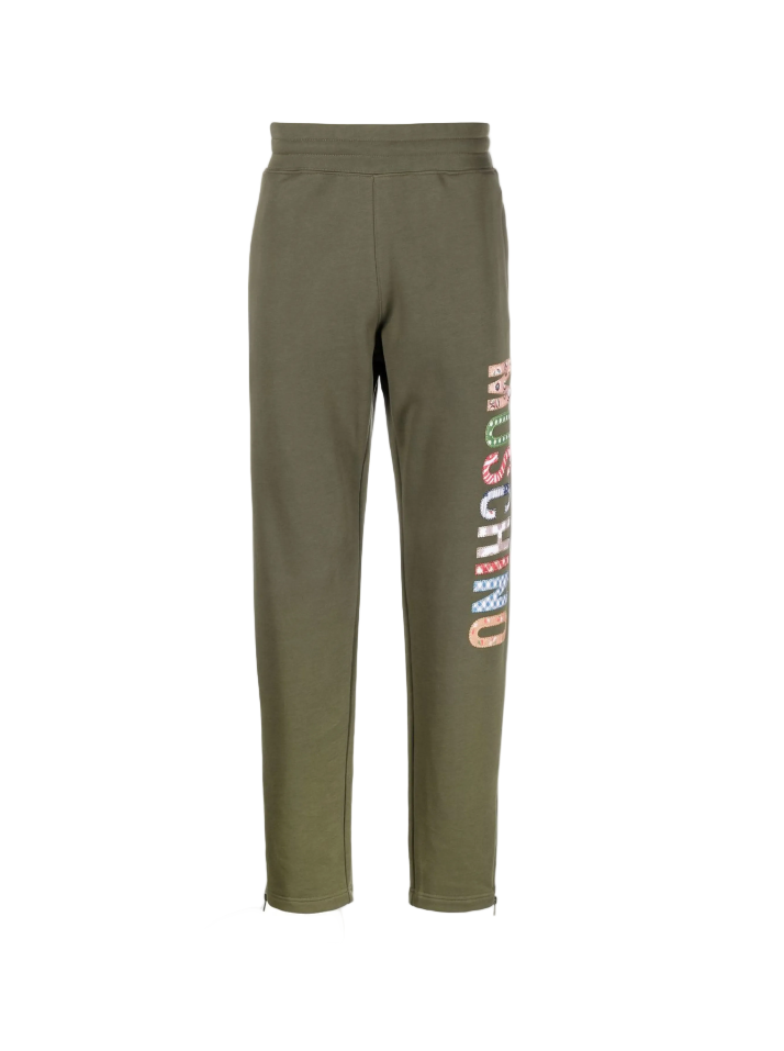 Khaki sweatpants with colorful text on a white background
