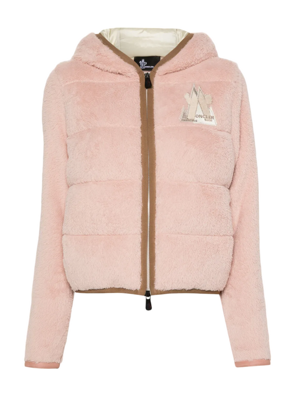 Pink puffer jacket with a brand logo on a white background