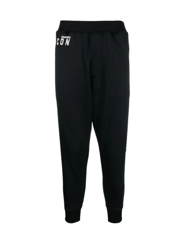 Black jogger pants with a brand logo on a white background