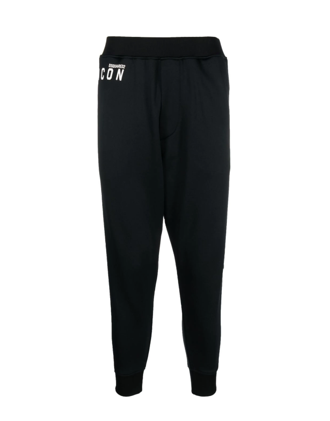 Black jogger pants with a brand logo on a white background