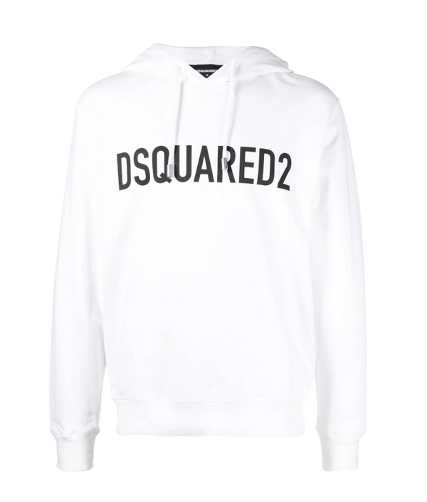 White hoodie with 'Dsquared2' logo on a white background