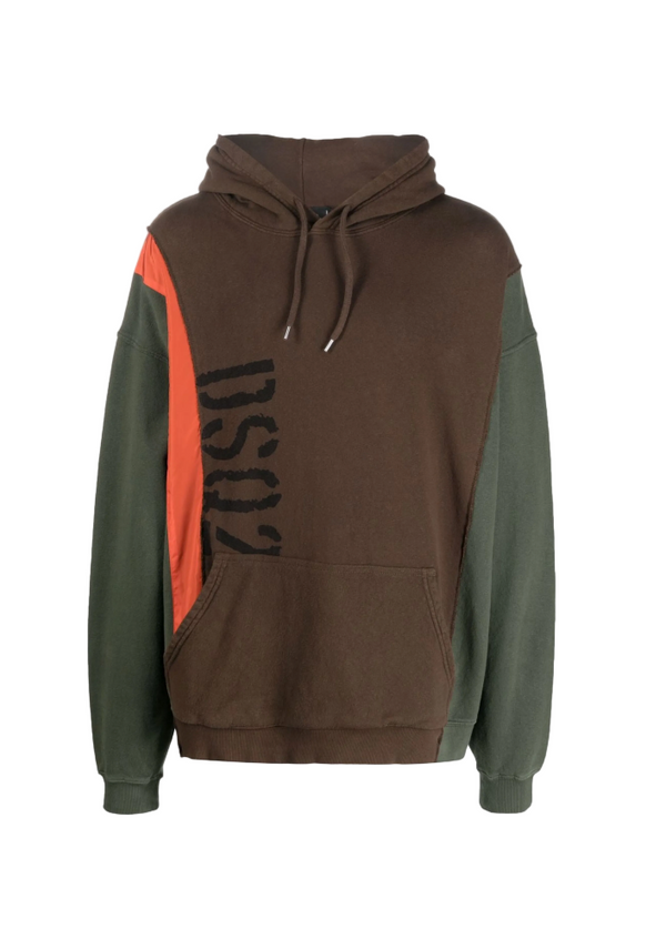 Hoodie with brown, green, and orange design on a white background