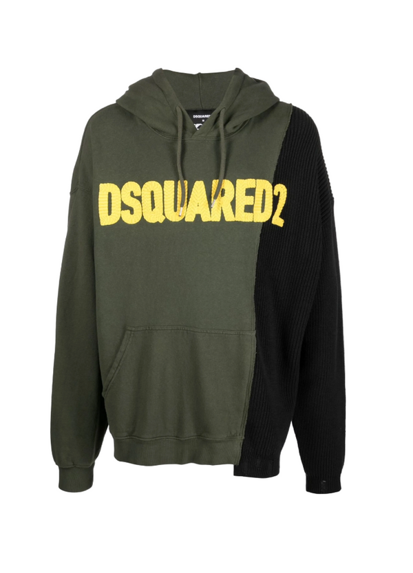Green hoodie with yellow 'DSQUARED2' logo on a white background