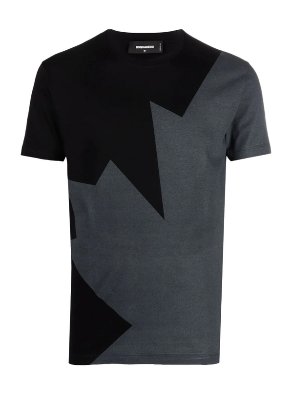 Gray t-shirt with black geometric shapes on a white background