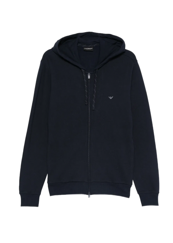 Black hoodie with a brand logo on a white background