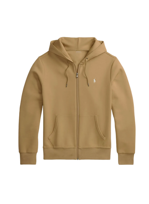 Beige hoodie with a brand logo on a white background