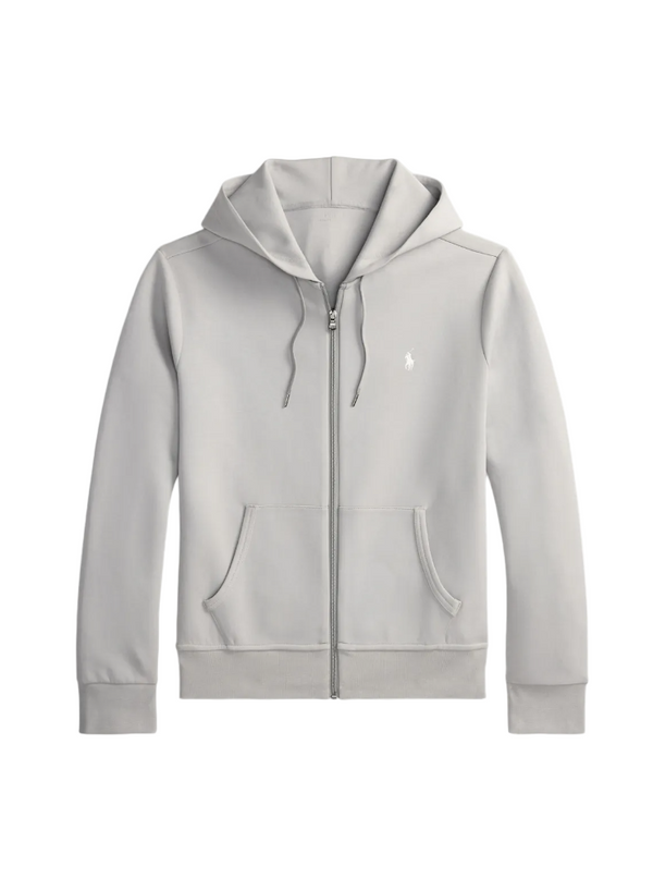 Gray hoodie with a brand logo on a computer screen background