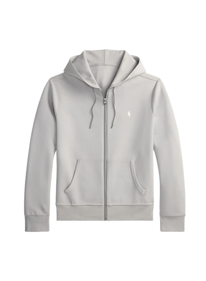 Gray hoodie with a brand logo on a computer screen background