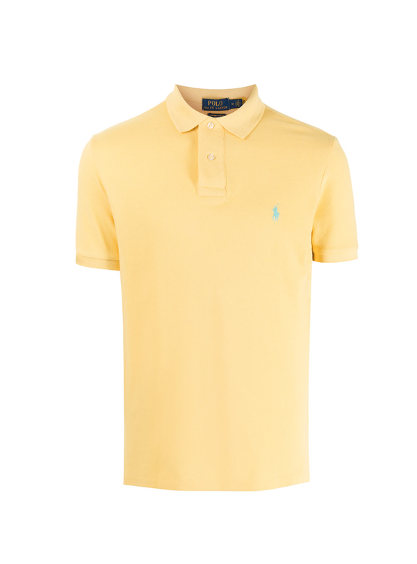 Yellow polo shirt with a brand logo on a white background