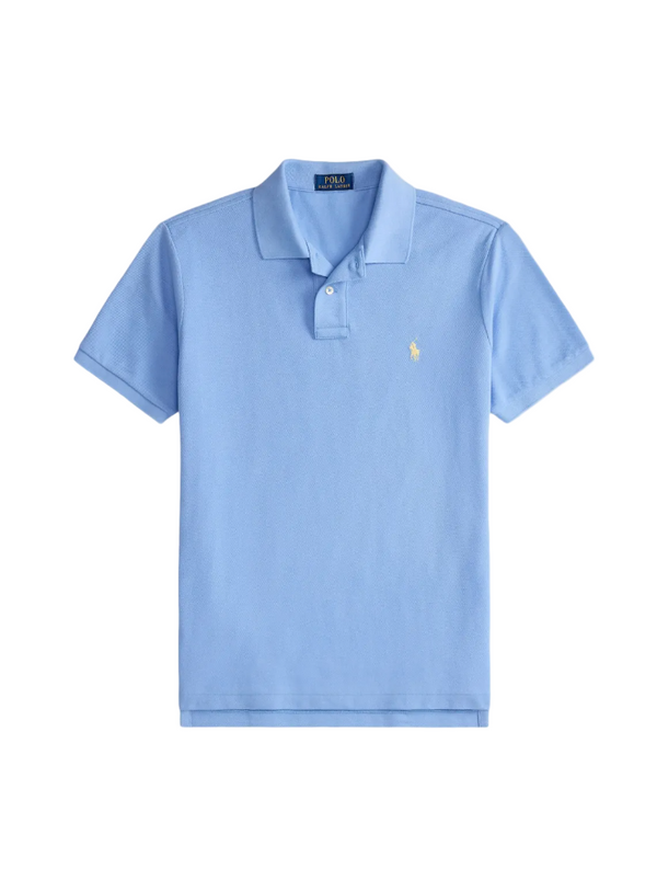 Light blue polo shirt with a brand logo on a white background