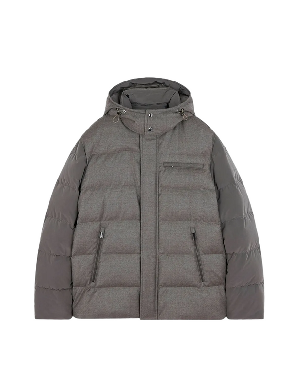 Gray puffer jacket on a white background