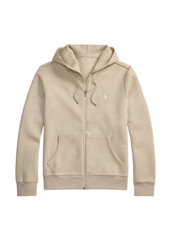 Beige hoodie with a brand logo on a white background
