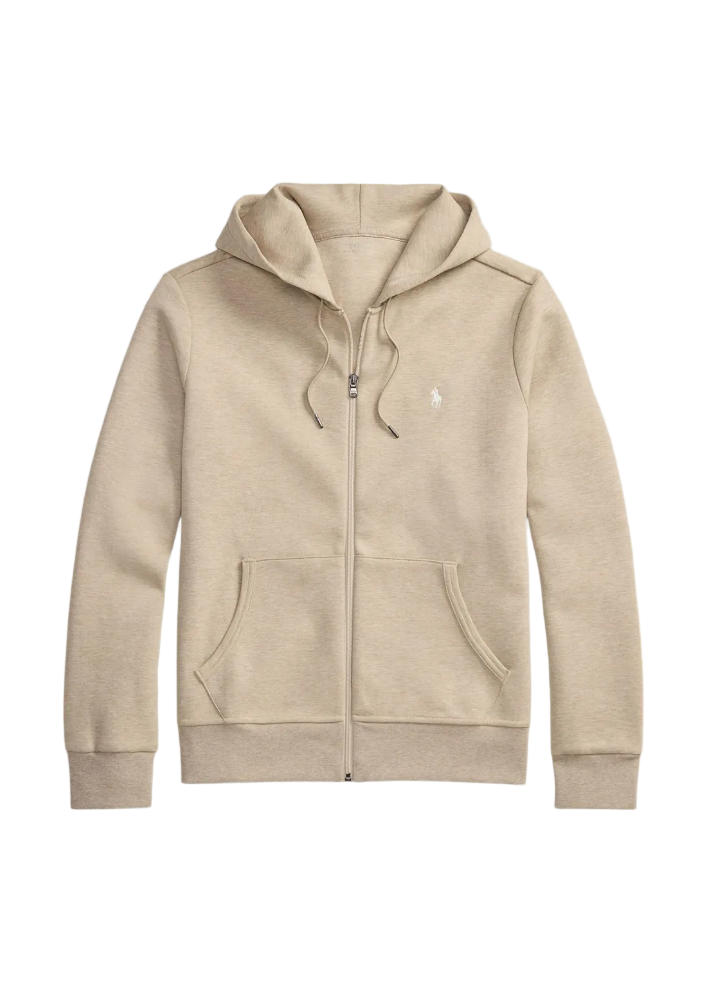 Beige hoodie with a brand logo on a white background