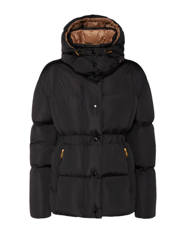 Black puffer jacket with brown lining on a white background