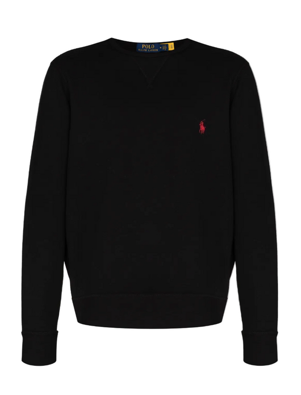 Black sweater with a red logo on a white background