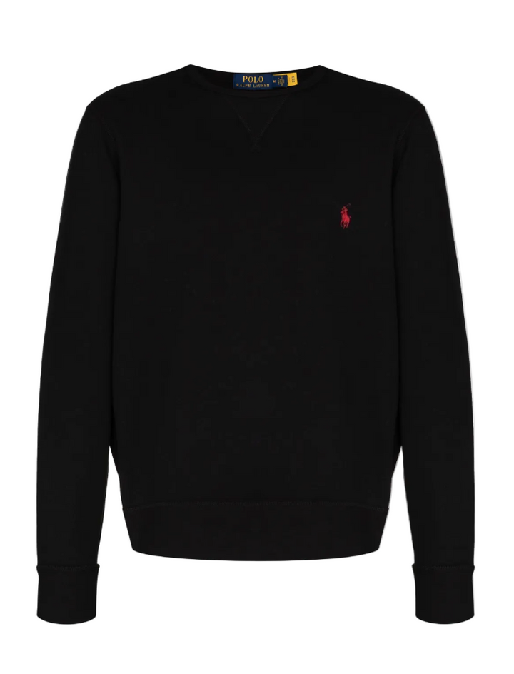 Black sweater with a red logo on a white background